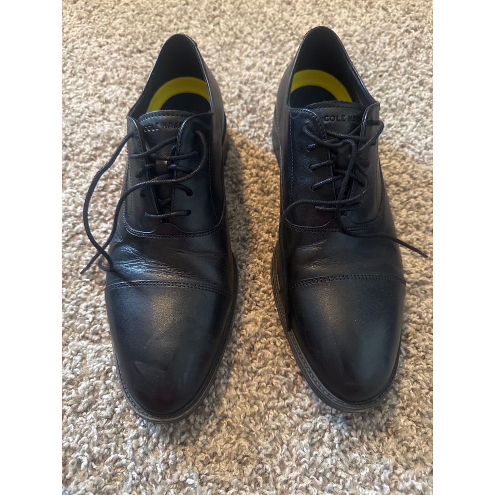 Cole Haan Grand Mens Black Leather Cap Toe Oxford Dress Shoes Lace Up